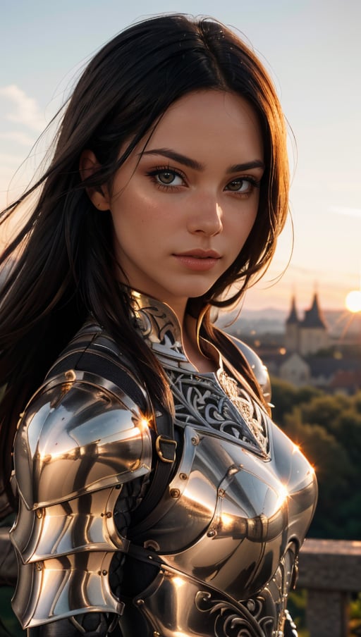 Portrait of a girl, the most beautiful in the world, (medieval gold armor), metal reflections, upper body, outdoors, intense sunlight, far away castle, professional photograph of a stunning woman detailed, perfect bobbed sexy intense black hair, sharp focus, dramatic, award winning, cinematic lighting, volumetrics dtx, (film grain, blurry background, blurry foreground, bokeh, depth of field, sunset,interaction, Perfect chainmail), (masterpiece), (extremely intricate:1.3), (ultra realistic),