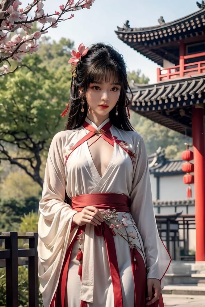 quality,official art,extremely detailed CG unity 8k wallpaper,(full body:0.8),(Moderate chest:1.5),nqingyi,danya,1girl,black hair,hanfu,flower,realistic,hair ornament,chinese clothes,dress,white background,black eyes,long sleeves,holding,holding flower,hanfu,cho girl,girl,East Asia, Chinese style architecture, <lora:菡云芝汉服花朵:0.8>, <lora:tpqy:0.75>, <lora:add_detail:0.8> ,<lora:SheerSkirtV2:0.5>