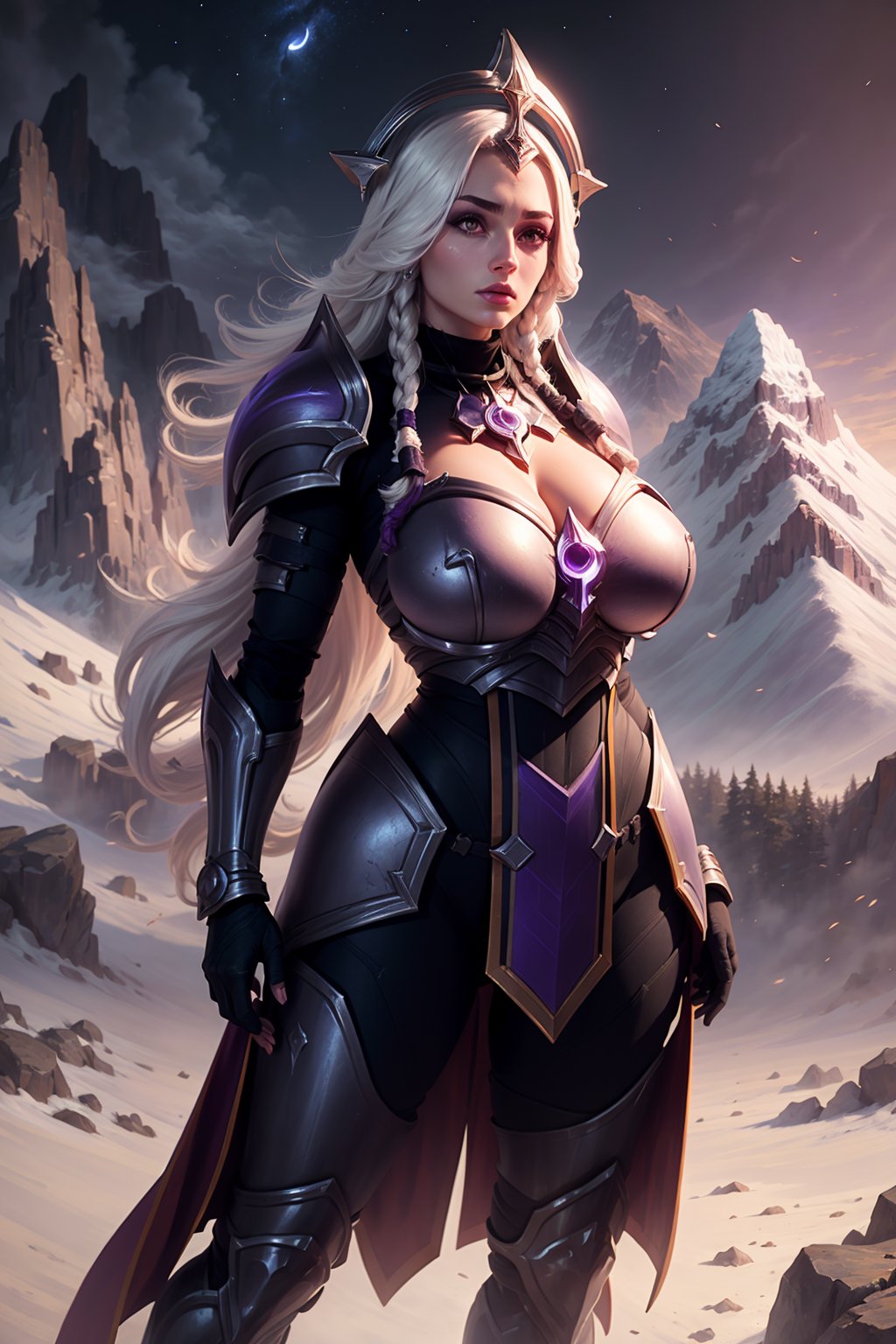 masterpiece, best quality, 1girl, leona, white hair, long hair, twin braids, purple eyes, shoulder armor, armor, helmet, cleavage,(huge breasts:1.4),  solo, standing, contrapposto, mountain cliff, night, monnlight,  mountain background  <lora:LunarLeona:1>