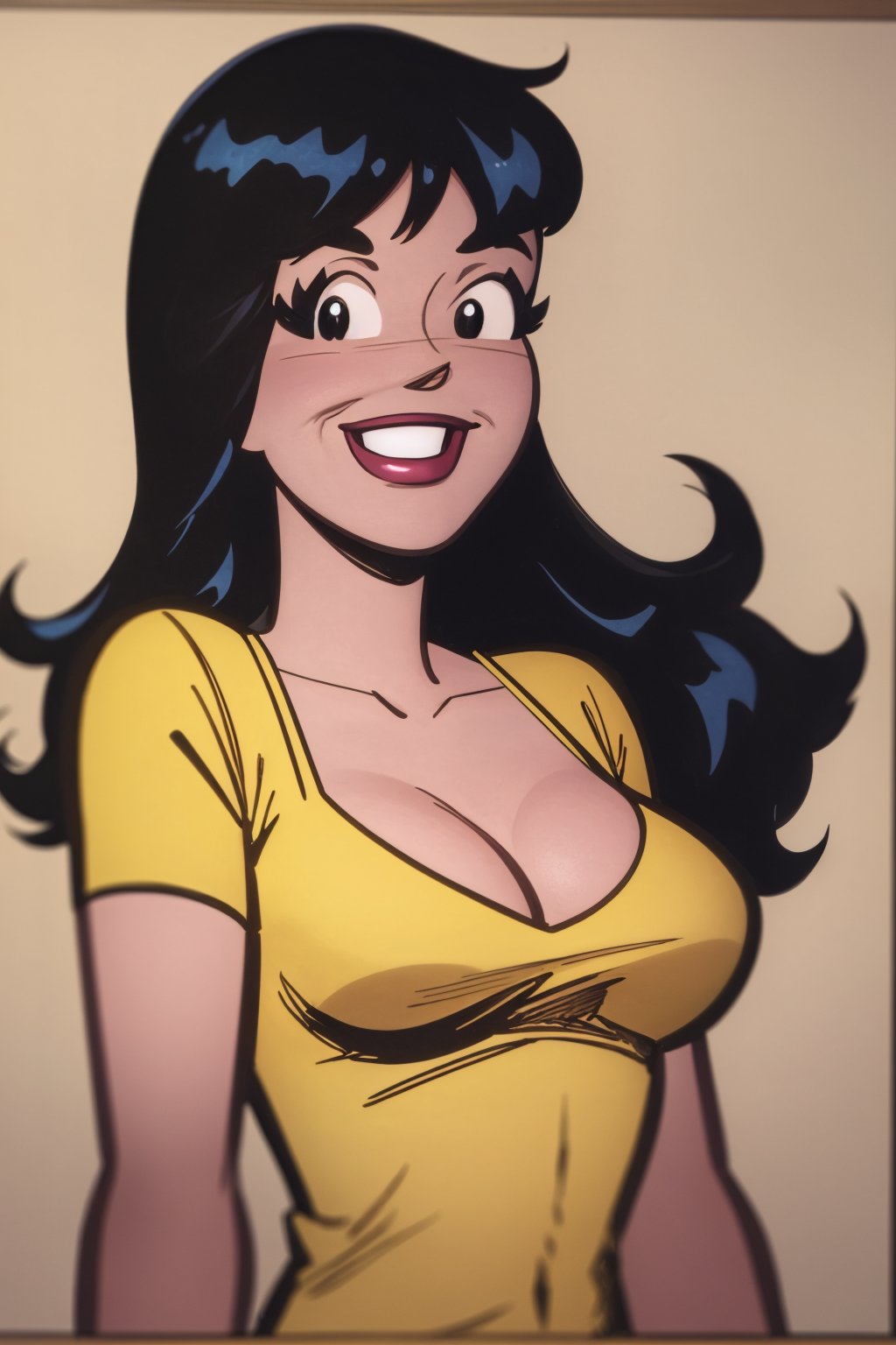 masterpiece, best quality, 1girl, veronica, black hair, long hair, smile, yellow shirt, cleavage, upper body, solo, simple background <lora:Veronica:1>