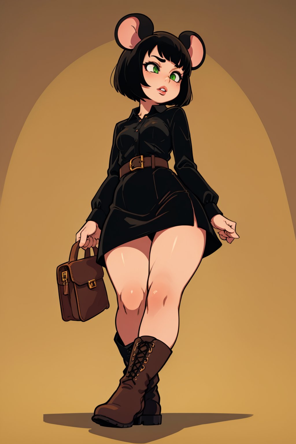 1girl,solo, solid background, yellow background    BREAKlong skirt, black skirt, black shirt, buttoned shirt, arms on own chest,  long sleeves, black dress, boots, brown eyes, BREAKmedium breasts,black hair, bobcut,short hair, mouse ears,lips,eyeleashes, face focus, from below,green eyes, solo, thick calves