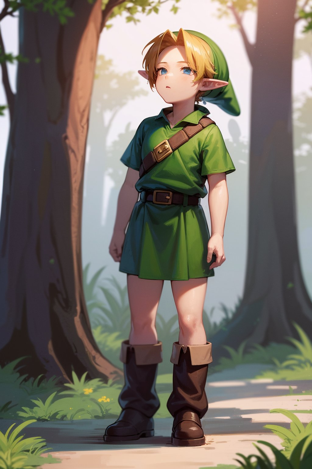 masterpiece, best quality, 1boy, younglink, blonde hair, blue eyes, hat, pointy ears, green tunic, belt, boots, upperbody, fairy, standing, trees, forest background <lora:YoungLink:1>