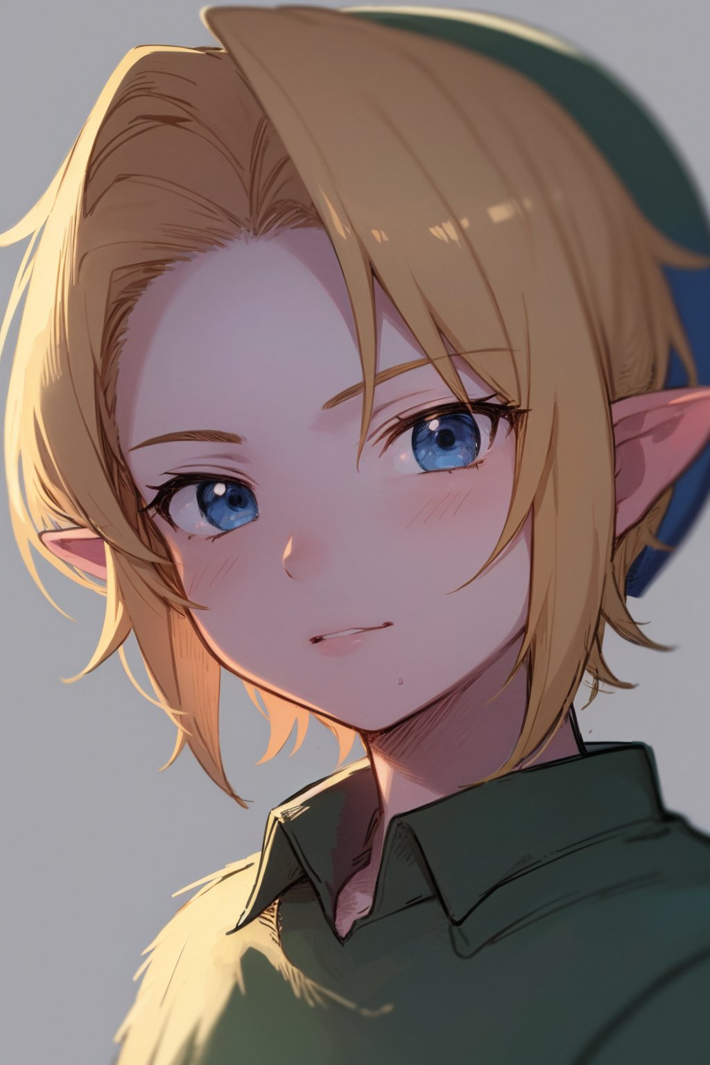 masterpiece, best quality, 1boy, younglink, blonde hair, blue eyes, hat, pointy ears, green shirt, closeup, sketch, simple background <lora:YoungLink:1>