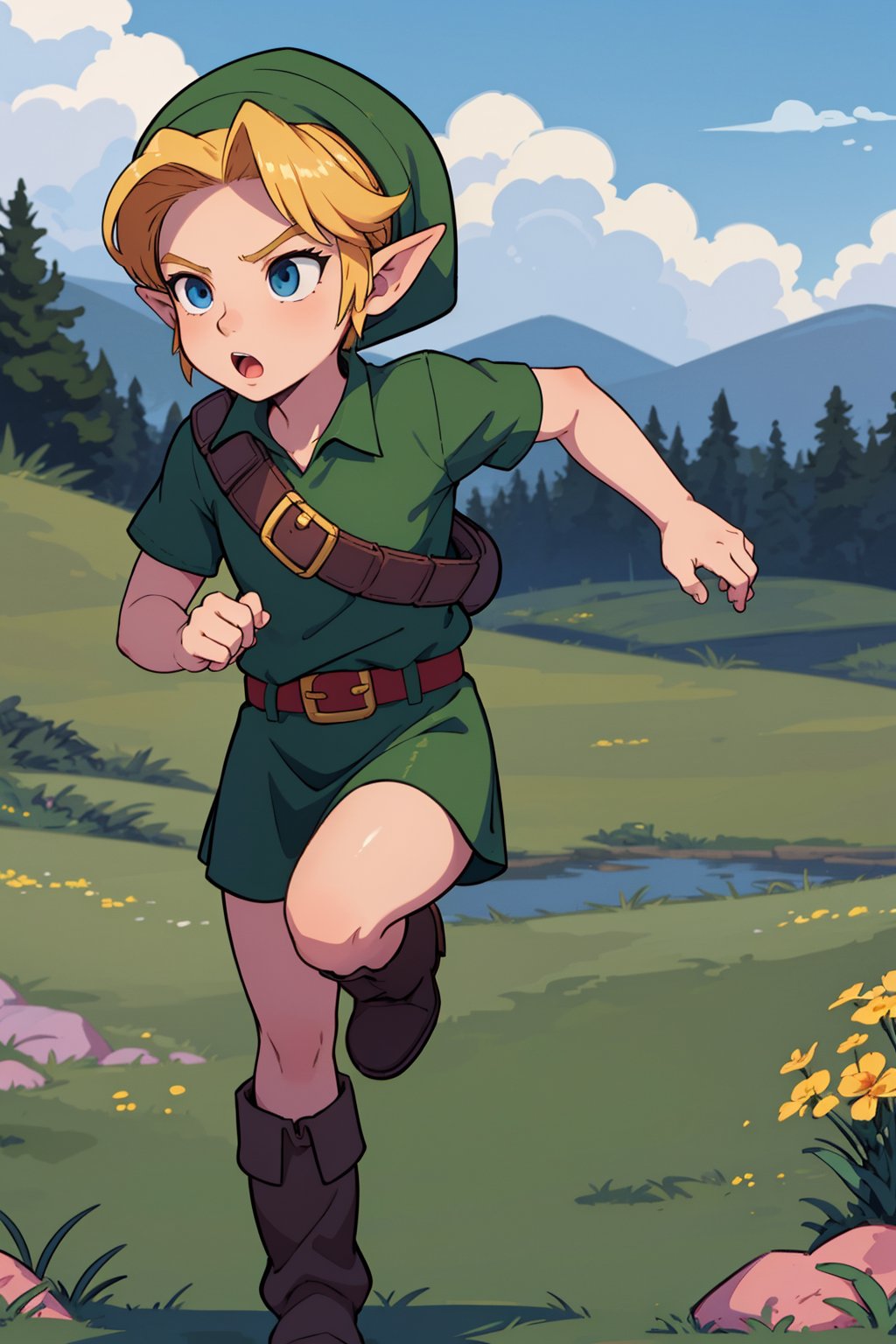 masterpiece, best quality, 1boy, younglink, blonde hair, blue eyes, hat, pointy ears, green tunic, belt, boots, running, day, sun, grass, meadow background <lora:YoungLink:1>