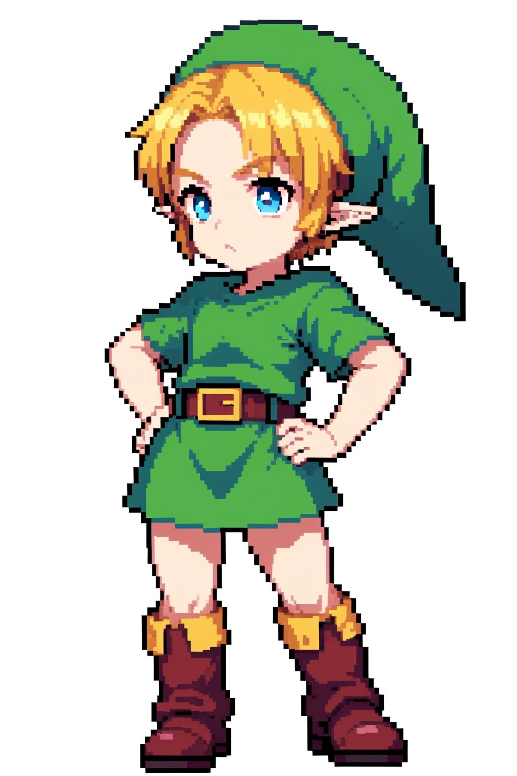 (white background:1.4),simple background,<lora:pixel_f2:0.5>,pixel,pixel art, 1boy, younglink, blonde hair, blue eyes, hat, pointy ears, green tunic, belt, boots, hands on hips, solo, standing <lora:YoungLink:1>