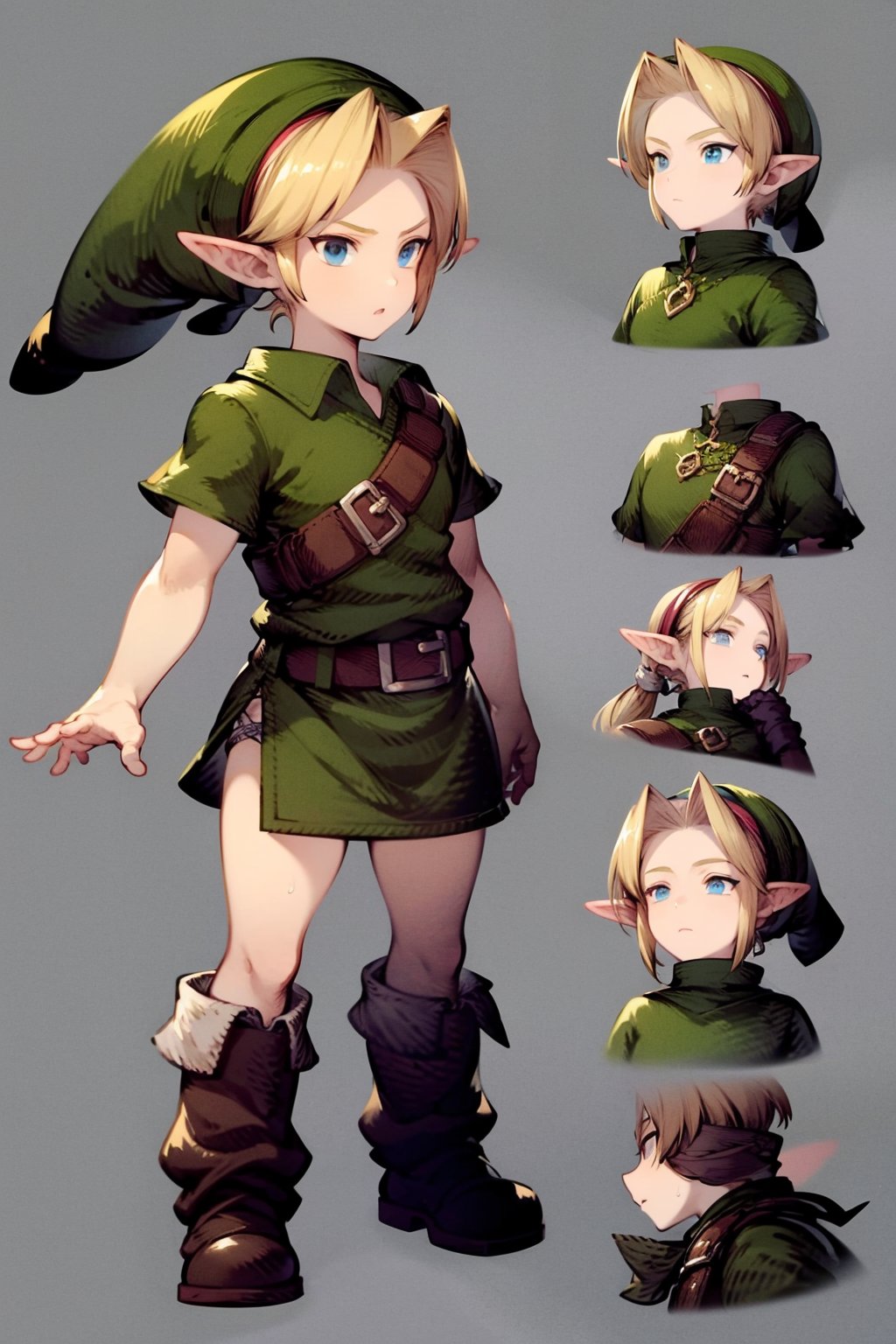 masterpiece, best quality, 1boy, younglink, blonde hair, blue eyes, hat, pointy ears, green tunic, boots, full body, sketch, solid grey background <lora:WOTV:1> <lora:YoungLink:1>