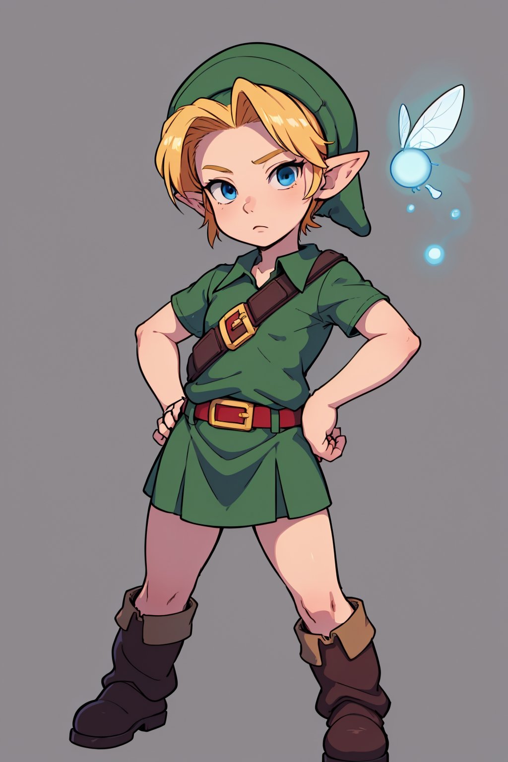 masterpiece, best quality, 1boy, younglink, blonde hair, blue eyes, hat, pointy ears, green tunic, belt, boots, (looking at fairy), hands on hips, simple background <lora:YoungLink:1>