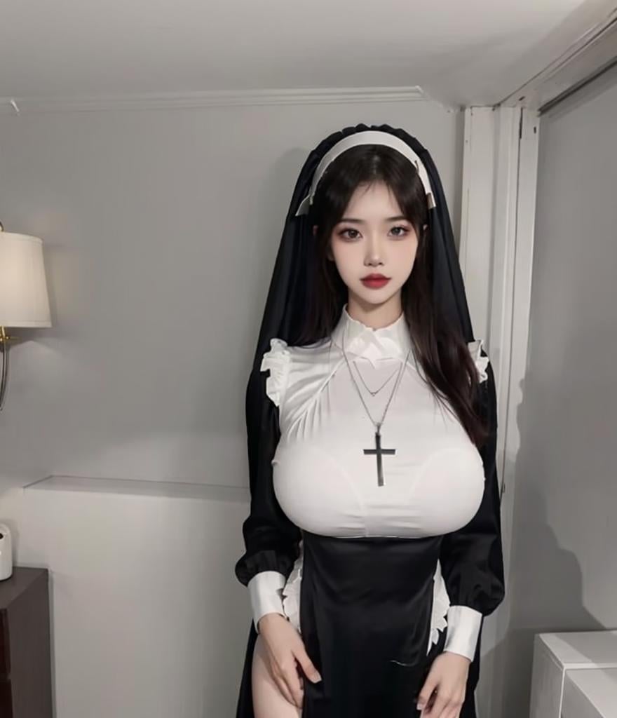 (masterpiece, best quality:1.4),finely detailed,1girl,solo,(pale skin),perfect body,(glossy skin),(Supergiant huge breasts:1.1),(nun),habit,black eyes,long hair,cross,necklace,jewelry,cross necklace,looking at viewer,lips,veil,indoor,hotel,room,(1 breast),white romper,white_thighhighs,housemaid,black dress,<lora:eula-000008:0.8>,standing,