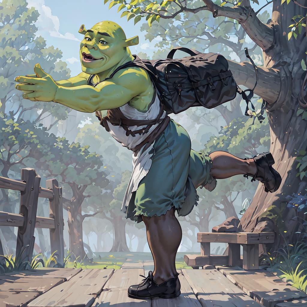 Highly detailed, High Quality, Masterpiece, beautiful, IncrsSakanaMeme, full body, standing on one leg, <lora:SakanaMeme:1>, shrex, green skin, ogre, shrek, <lora:Char_Sigmas_Shrek:0.9>, 1boy, outdoors, forest, 