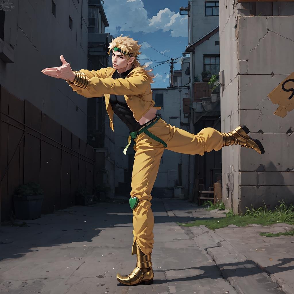 Highly detailed, High Quality, Masterpiece, beautiful, IncrsSakanaMeme, full body, standing on one leg, <lora:SakanaMeme:1>, dio, jacket, pants, headband,  <lora:Char_Sigmas_Dio:0.7>, 1boy, 