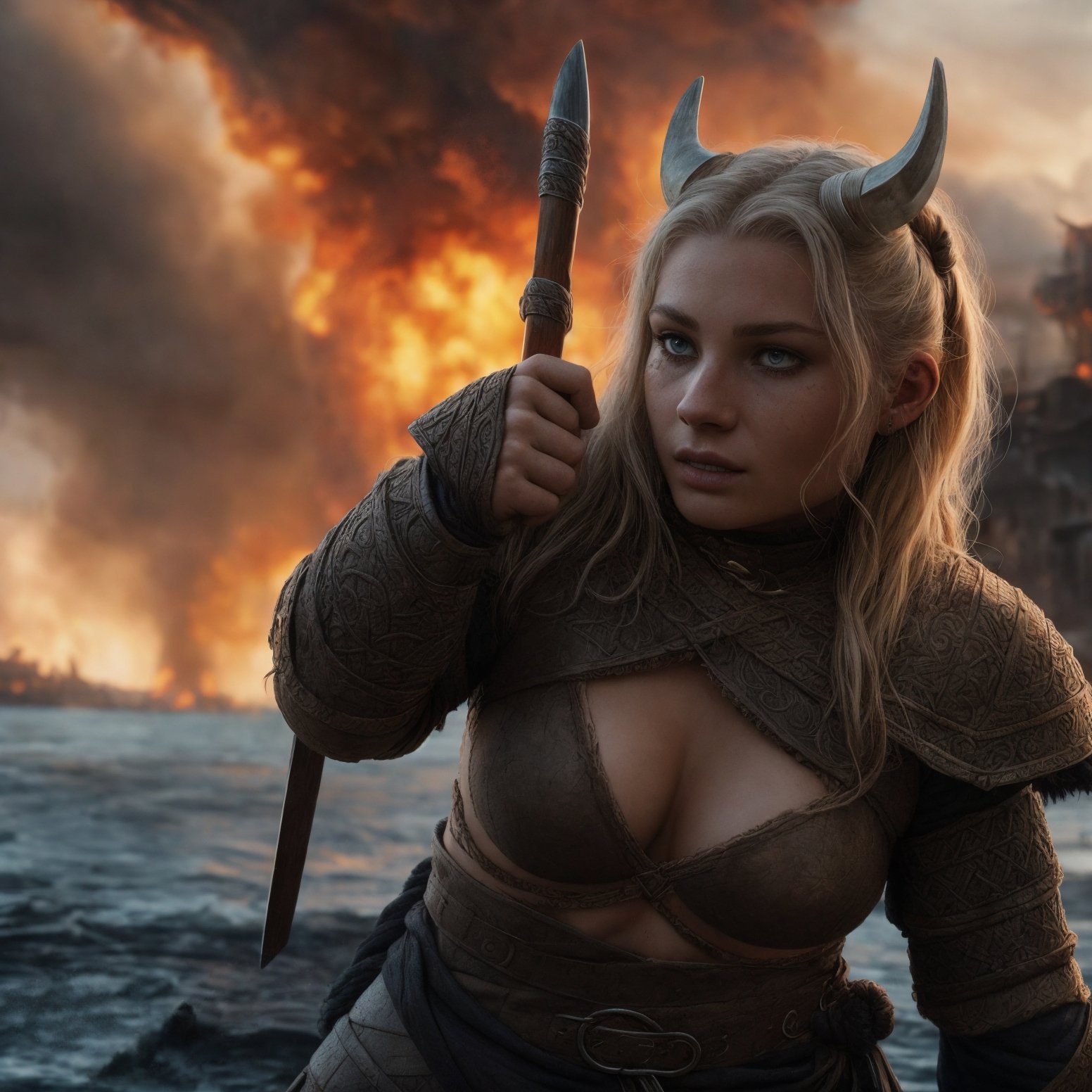 ((detailed viking fighting  woman)), medium breast, wearing runes armor, ragnarök, destroyed city after nuclear blast flodded with ((black water:1.2)), post apocalyptic, warzone, fire , smokeBREAK(masterpiece, best quality, ultra realistic, 4k, 2k, (intricate, high detail:1.2), film photography, soft focus,RAW photo, photorealistic, analog style, subsurface scattering, photorealism, absurd res), (closeup)