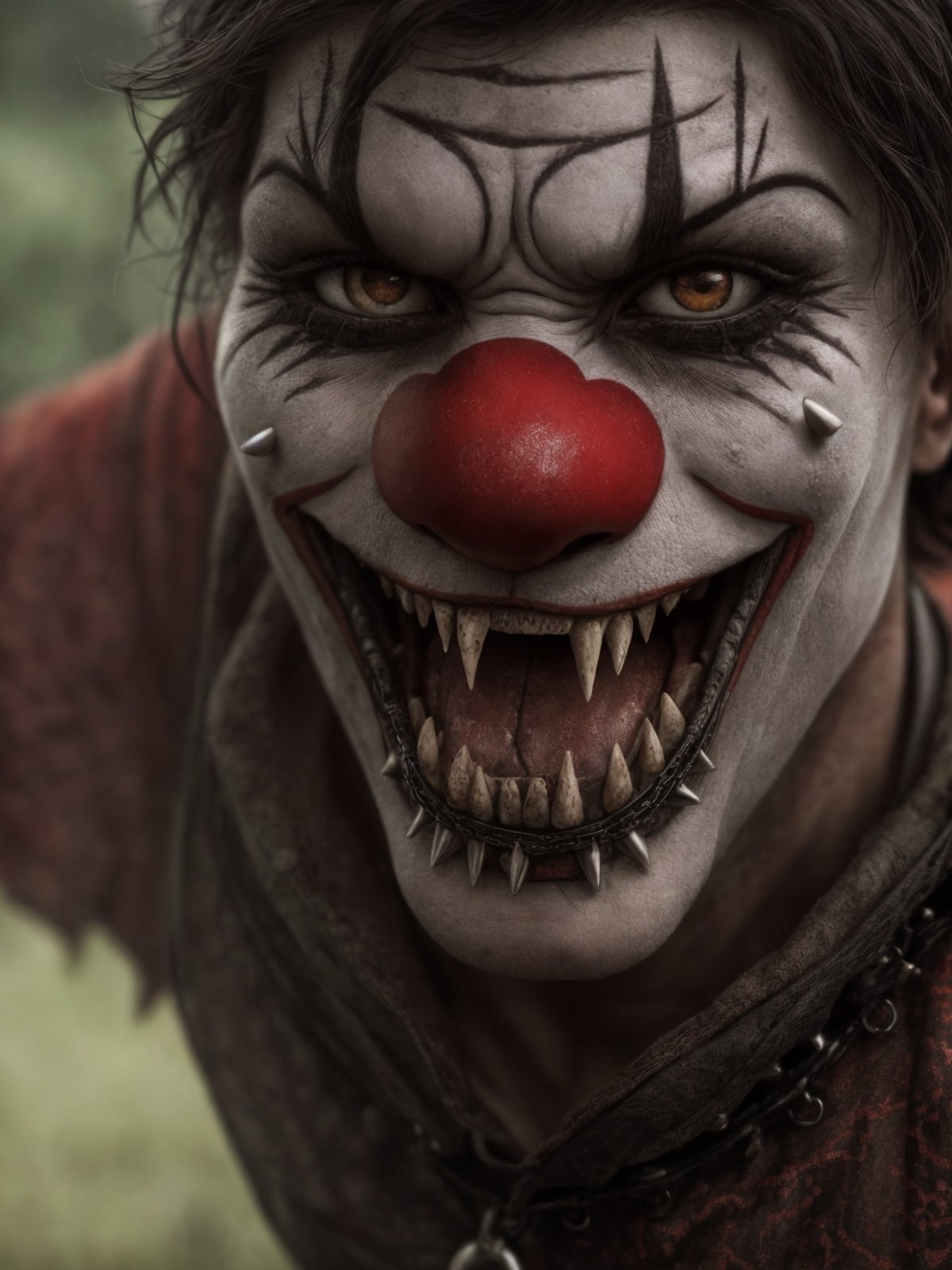 (Highest Quality, 4k, masterpiece, Amazing Details:1.1), standing, post apocalypitic  background at dawn, wearing wear out gothic clothes, Shallow Depth of Field, E671, lens 50mm f/2.0, ((male_horror_clown)), pircings, tatoos, red glowing snake eyes, (realistic scales, detailed scales texture:1.2),studded bracelet, ((photorealistic) (RAW Photo)), (on the last day on eath), angry, evil smile, ((gothic)), ((closeup))