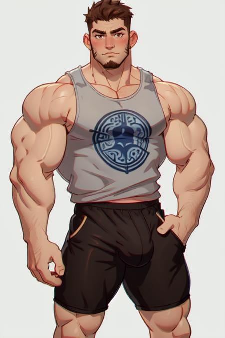 (1man),muscular, brown eyes, casual clothes, handsome,wearing a tight tank top, dynamic,wearing a (white) tight short, big bulge,(intricate details, Masterpiece, high quality, best quality),<lora:ChromaticAberration:0.7>, <lora:Greatwave:0.5> , greatwave