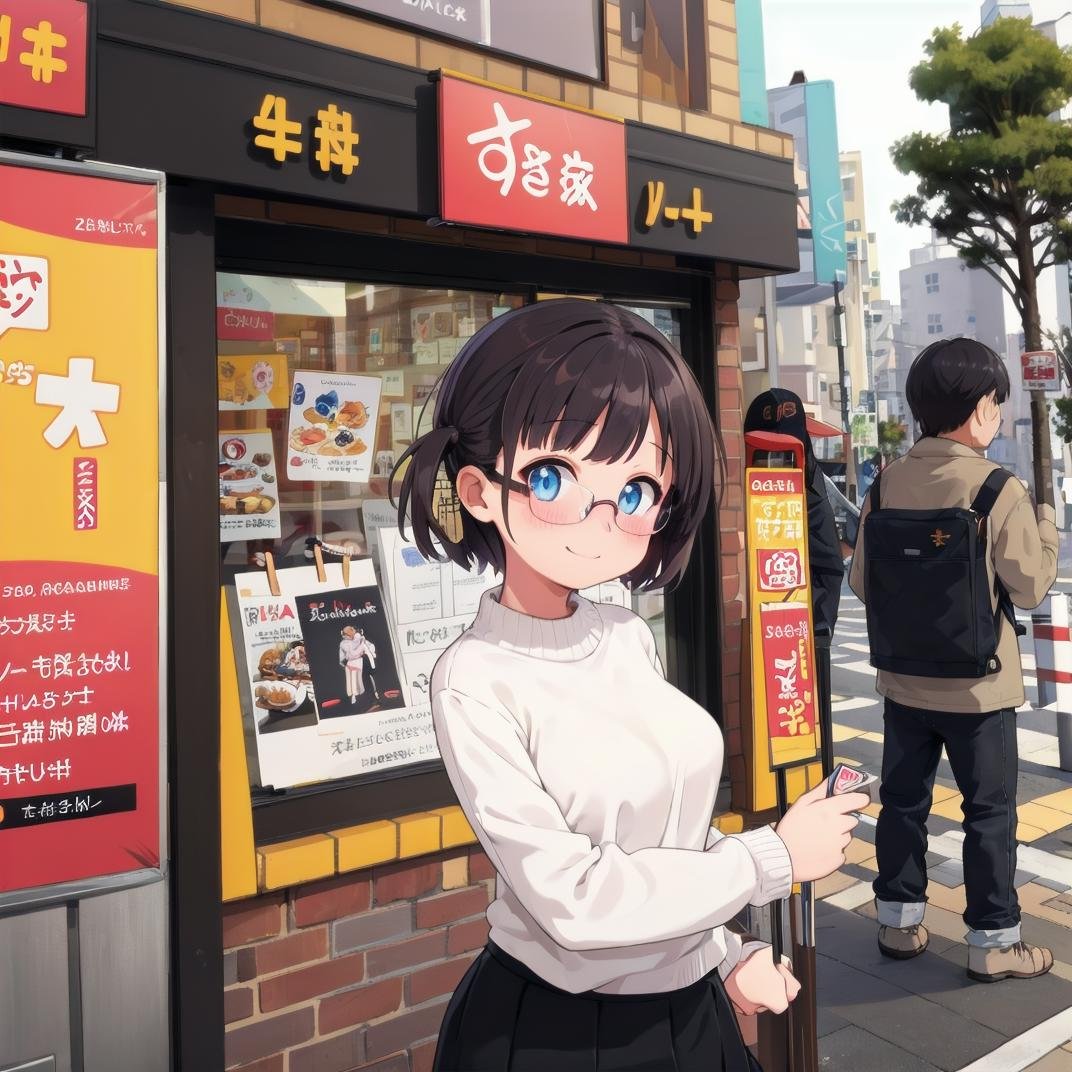 best quality, ultra-detailed, illustration,(1girl:1.4), solo, glasses, black hair, long hair, medium breasts, white sweater, long skirt, embarrassed, blush, shy smile, looking at viewer,  solo focus,tokainosukiya, storefront, outdoors, building, shop, sign, tree, city, window, day, street, table,road, cityscape, real world location, lamppost,  <lora:sukiya_SD15_V1:0.6>