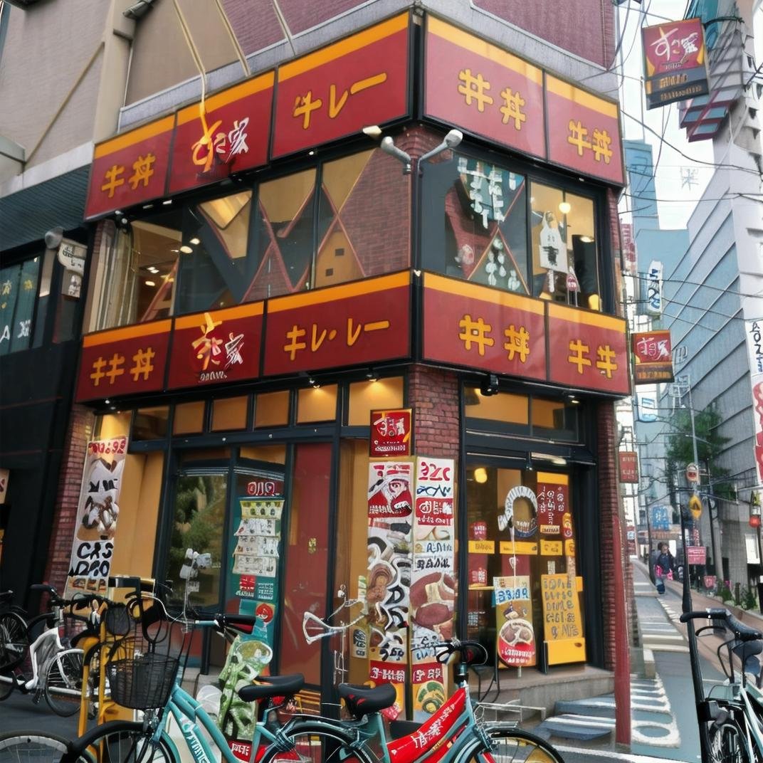 best quality, ultra-detailed, illustration,tokainosukiya, storefront, bicycle, scenery, ground vehicle, sign, street, road, outdoors, shop, building, power lines, city, motor vehicle, window, day, utility pole, lamppost, real world location, bicycle basket, alley, multiple girls, realistic, photo background, photo (medium) <lora:sukiya_SD15_V1:1>