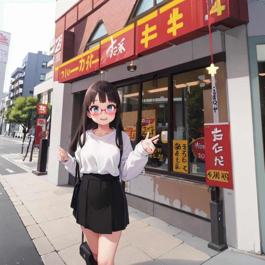 best quality, ultra-detailed, illustration,(1girl:1.4), solo, glasses, black hair, long hair, medium breasts, white sweater, long skirt, embarrassed, blush, shy smile, looking at viewer,  solo focus,tokainosukiya, storefront, outdoors, building, shop, sign, tree, city, window, day, street, table,road, cityscape, real world location, lamppost,  <lora:sukiya_SD15_V1:0.6>
