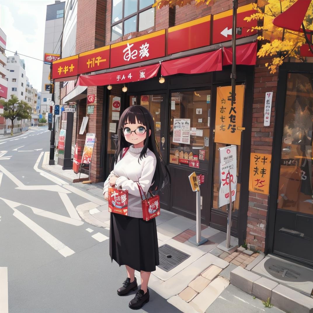 best quality, ultra-detailed, illustration,(1girl:1.4), solo, glasses, black hair, long hair, medium breasts, white sweater, long skirt, embarrassed, blush, shy smile, looking at viewer,  solo focus,tokainosukiya, storefront, outdoors, building, shop, sign, tree, city, window, day, street, table,road, cityscape, real world location, lamppost,  <lora:sukiya_SD15_V1:0.6>