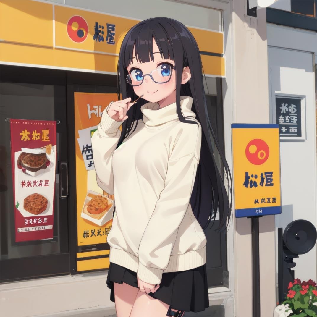 best quality, ultra-detailed, illustration,(1girl:1.4), solo, glasses, black hair, long hair, medium breasts, white sweater, long skirt, embarrassed, blush, shy smile, looking at viewer,  solo focus,matsuya, scenery, storefront, japan, scenery, shop, food, plant, poster (object) <lora:matsuya_SD15_V2:0.8>