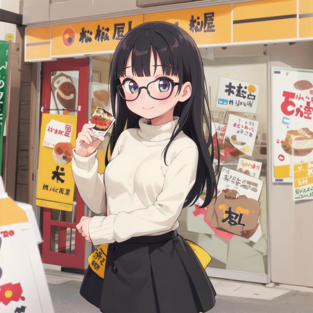 best quality, ultra-detailed, illustration,(1girl:1.4), solo, glasses, black hair, long hair, medium breasts, white sweater, long skirt, embarrassed, blush, shy smile, looking at viewer,  solo focus,matsuya, scenery, storefront, japan, scenery, shop, food, plant, poster (object) <lora:matsuya_SD15_V2:0.8>