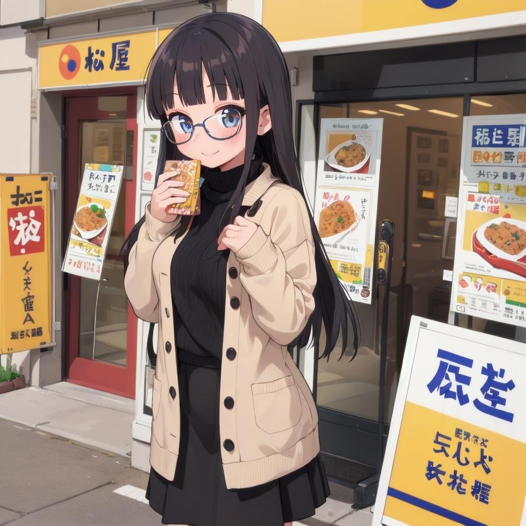best quality, ultra-detailed, illustration,(1girl:1.4), solo, glasses, black hair, long hair, medium breasts, white sweater, long skirt, embarrassed, blush, shy smile, looking at viewer,  solo focus,matsuya, scenery, storefront, japan, scenery, shop, food, plant, poster (object) <lora:matsuya_SD15_V2:0.6>