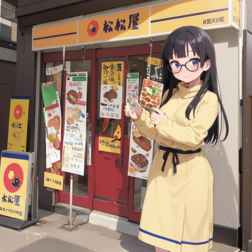 best quality, ultra-detailed, illustration,(1girl:1.4), solo, glasses, black hair, long hair, medium breasts, white sweater, long skirt, embarrassed, blush, shy smile, looking at viewer,  solo focus,matsuya, scenery, storefront, japan, scenery, shop, food, plant, poster (object) <lora:matsuya_SD15_V2:0.8>