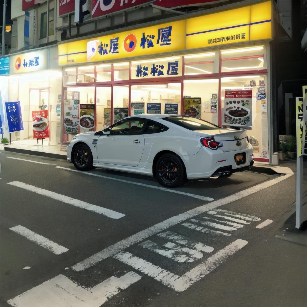 best quality, ultra-detailed, illustration,matsuya, scenery, storefront, japan, car, road, scenery, night, shop, sign, outdoors, street, real world location, realistic, photo background, photo (medium), poster (object) <lora:matsuya_SD15_V2:1>