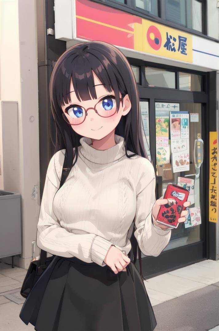 best quality, ultra-detailed, illustration,(1girl:1.4), solo, glasses, black hair, long hair, medium breasts, white sweater, long skirt, embarrassed, blush, shy smile, looking at viewer,  solo focus, matsuya, scenery, storefront, japan, shop, indoors, photo background,  <lora:matsuya_SD15_V2:0.7>