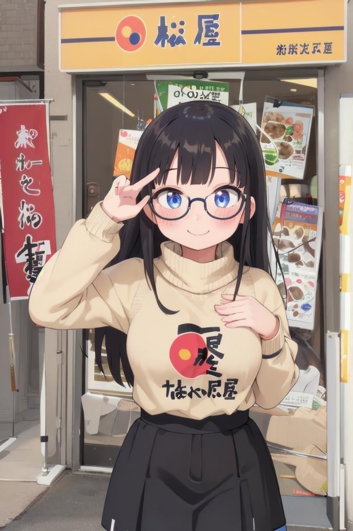 best quality, ultra-detailed, illustration,(1girl:1.4), solo, glasses, black hair, long hair, medium breasts, white sweater, long skirt, embarrassed, blush, shy smile, looking at viewer,  matsuya, scenery, storefront, japan, shop, indoors, photo background,  <lora:matsuya_SD15_V2:1>