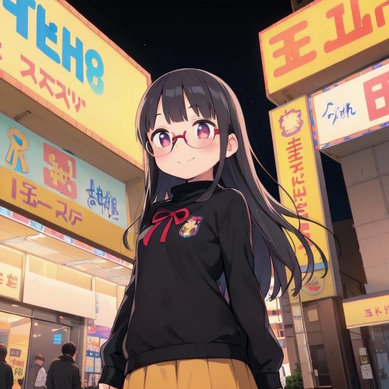 best quality, ultra-detailed, illustration,(1girl:1.4), solo, glasses, black hair, long hair, medium breasts, white sweater, long skirt, embarrassed, blush, shy smile, looking at viewer, solo focus,super_tamade, storefront, scenery, japan, night, city, neon lights, building, outdoors, sky, cityscape, sign<lora:JAPAN_SCENERY_super-tamade_SD15_V1:0.6>