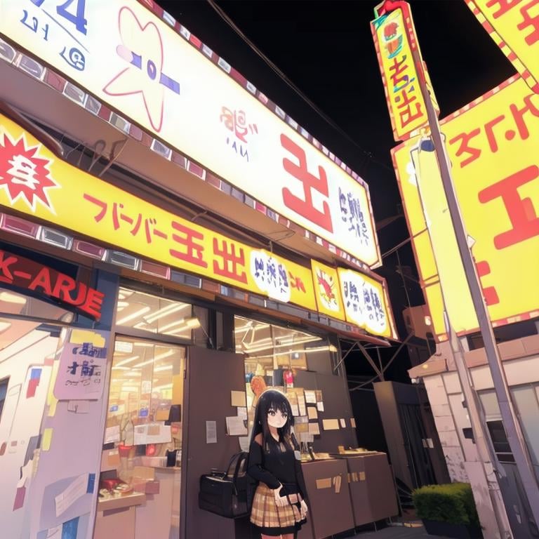 best quality, ultra-detailed, illustration,(1girl:1.4), solo, glasses, black hair, long hair, medium breasts, white sweater, long skirt, embarrassed, blush, shy smile, looking at viewer, solo focus,super_tamade, storefront, scenery, japan, night, city, neon lights, building, outdoors, sky, cityscape, sign, realistic, <lora:JAPAN_SCENERY_super-tamade_SD15_V1:0.8>