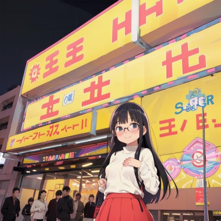 best quality, ultra-detailed, illustration,(1girl:1.4), solo, glasses, black hair, long hair, medium breasts, white sweater, long skirt, embarrassed, blush, shy smile, looking at viewer, solo focus,super_tamade, storefront, scenery, japan, night, city, neon lights, building, outdoors, sky, cityscape, sign<lora:JAPAN_SCENERY_super-tamade_SD15_V1:0.6>