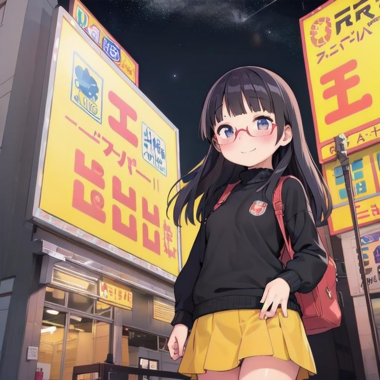 best quality, ultra-detailed, illustration,(1girl:1.4), solo, glasses, black hair, long hair, medium breasts, white sweater, long skirt, embarrassed, blush, shy smile, looking at viewer, solo focus,super_tamade, storefront, scenery, japan, night, city, neon lights, building, outdoors, sky, cityscape, sign<lora:JAPAN_SCENERY_super-tamade_SD15_V1:0.6>