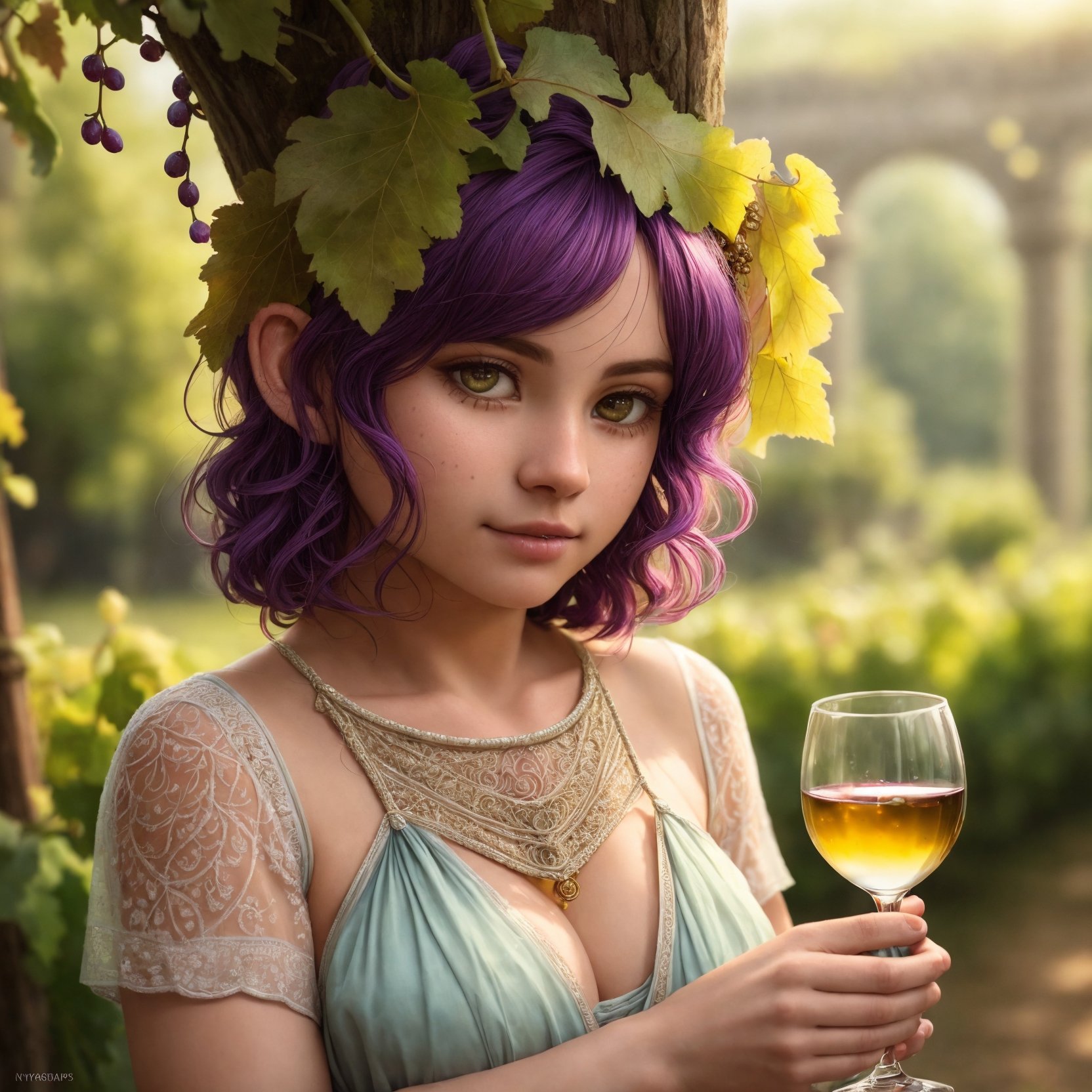 ((god bacchus)), trinking wine ,(hair made of grapes), on a festival with nymps, overgrown ruins , fantasy setting , drunken stateBREAK(masterpiece, best quality, ultra realistic, 4k, 2k, (intricate, high detail:1.2), film photography, soft focus,RAW photo, photorealistic, analog style, subsurface scattering, photorealism, absurd res),