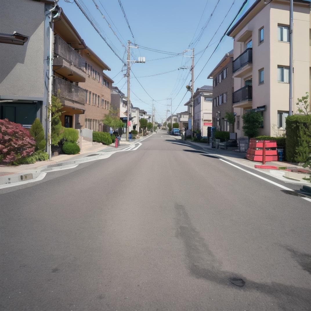 best quality, ultra-detailed, illustration,japan, scenery, outdoors, motor vehicle, car, road, street, ground vehicle, tree, building, sky, day, power lines, real world location, sign, crosswalk, utility pole, city, trash can, blue sky, lamppost, road sign, fence, window, shadow, plant, cityscape, traffic light, traffic cone, realistic, <lora:JAPAN_SCENERY_ROAD_SD15_V1:1>