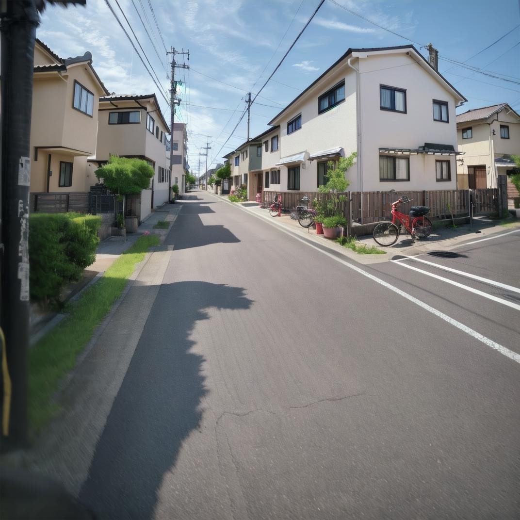 best quality, ultra-detailed, illustration,japan, scenery, bicycle, ground vehicle, road, scenery, outdoors, street, sky, power lines, road sign, sign, utility pole, day, blue sky, building, motor vehicle, cloud, house, tree, blurry, shadow, window, plant, city, car, town <lora:JAPAN_SCENERY_ROAD_SD15_V1:1>