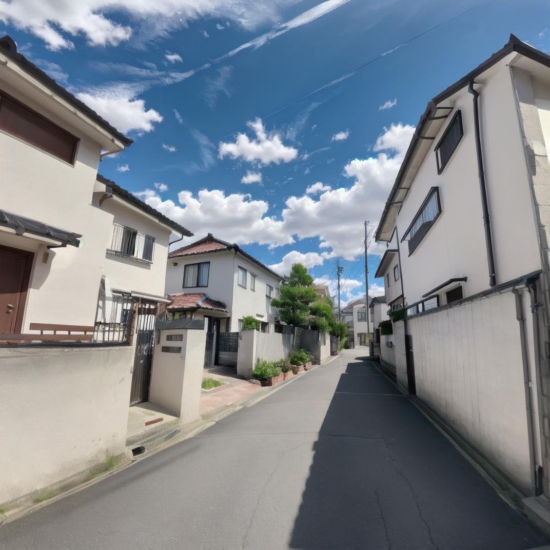 best quality, ultra-detailed, illustration,japan, scenery, outdoors, sky, road, cloud, day, power lines, street, blue sky, building, tree, utility pole, house, window, town, city, cloudy sky, shadow, realistic,  <lora:JAPAN_SCENERY_ROAD_SD15_V1:1>