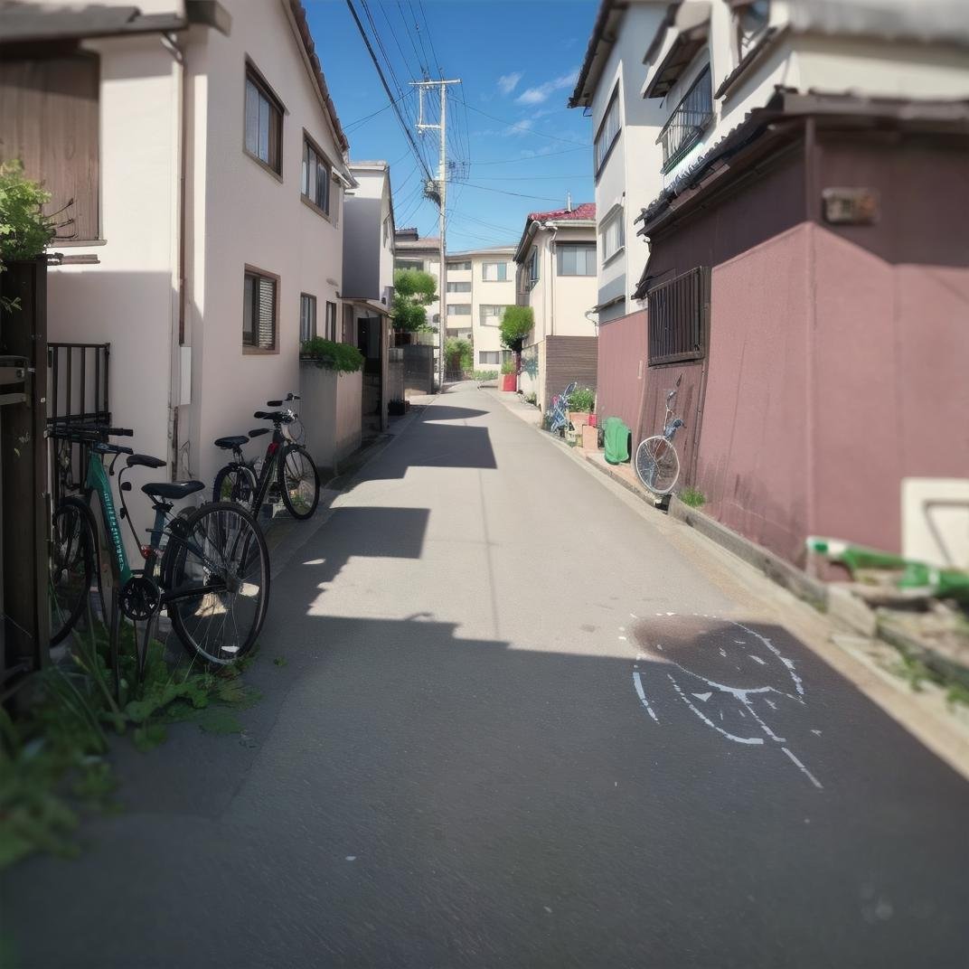 best quality, ultra-detailed, illustration,japan, scenery, bicycle, ground vehicle, road, scenery, outdoors, street, sky, power lines, road sign, sign, utility pole, day, blue sky, building, motor vehicle, cloud, house, tree, blurry, shadow, window, plant, city, car, town <lora:JAPAN_SCENERY_ROAD_SD15_V1:1>