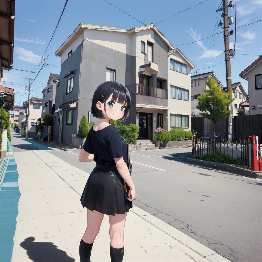 best quality, ultra-detailed, illustration, japanese girl, cute, (shy smile), 1girl, solo, black hair, medium hair, t-shirt, skirt, from behind, looking back, dusk, sky, magic hour, star \(sky\), cloud, japan, scenery, outdoors, tree, sky, building, power lines, utility pole, road, day, sign, street, window, blue sky, cloud, fence, house, shadow, lamppost, plant,  <lora:JAPAN_SCENERY_ROAD_SD15_V1:1>