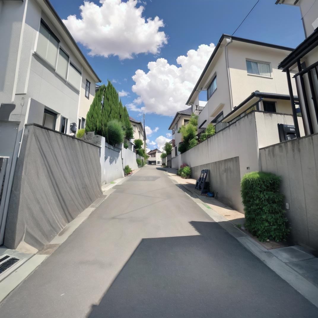 best quality, ultra-detailed, illustration,japan, scenery, outdoors, scenery, sky, road, cloud, day, street, power lines, house, building, fence, tree, utility pole, blue sky, window, shadow, town, plant, cloudy sky, stairs, lamppost, bush <lora:JAPAN_SCENERY_ROAD_SD15_V1:1>