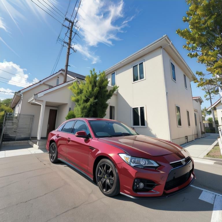 best quality, ultra-detailed, illustration,jyutaku, japan, scenery, car, ground vehicle, motor vehicle, outdoors, tree, scenery, sky, building, window, vehicle focus, day, real world location, power lines, blue sky, utility pole, lamppost, road, sports car, house, <lora:JAPAN_SCENERY_HOUSE_SD15_V1:1>