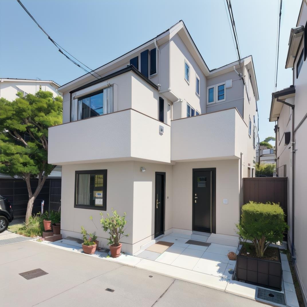 best quality, ultra-detailed, illustration,jyutaku, japan, scenery, outdoors, sky, day, power lines, tree, building, blue sky, window, house, plant, road, fence, utility pole, door, air conditioner, street, bush, potted plant, grass, <lora:JAPAN_SCENERY_HOUSE_SD15_V1:1>