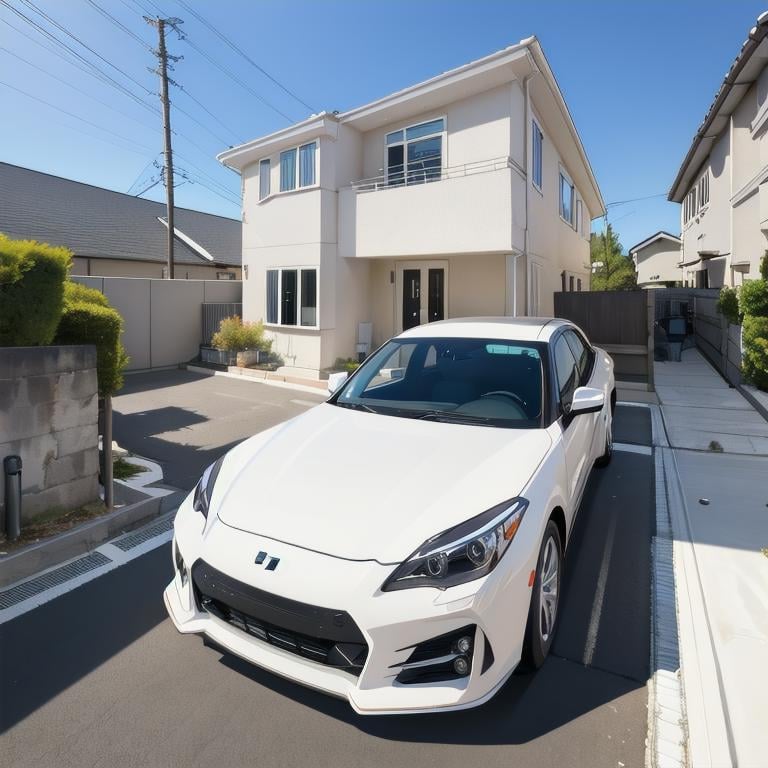 best quality, ultra-detailed, illustration,jyutaku, japan, scenery, car, ground vehicle, motor vehicle, outdoors, tree, scenery, sky, building, window, vehicle focus, day, real world location, power lines, blue sky, utility pole, lamppost, road, sports car, house, <lora:JAPAN_SCENERY_HOUSE_SD15_V1:1>