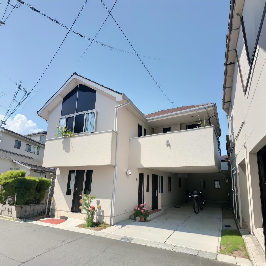 best quality, ultra-detailed, illustration,jyutaku, japan, scenery, outdoors, sky, power lines, building, road, window, street, utility pole, bicycle, ground vehicle, blue sky, day, house, fence, city, motor vehicle, lamppost, cityscape, realistic, <lora:JAPAN_SCENERY_HOUSE_SD15_V1:1>