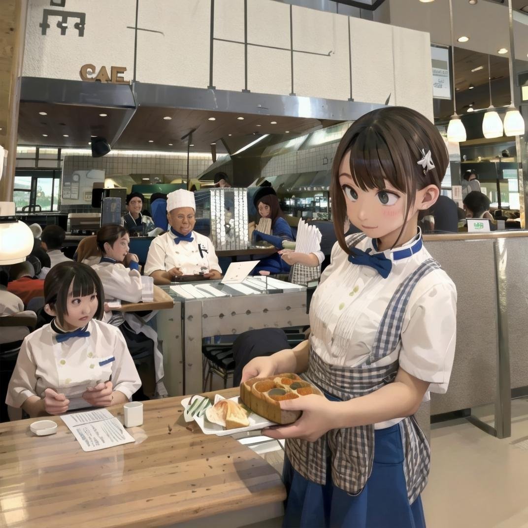 best quality, ultra-detailed, illustration,kobeyarestaurant, scenery, restaurant, indoors, ceiling light, chair, ceiling, table, lamp, light, tiles, multiple girls, KRU, menu,  <lora:kobeya_Nishinomiya_SD15_V3:1> <lora:kobeya_U_SD15_V5:1>