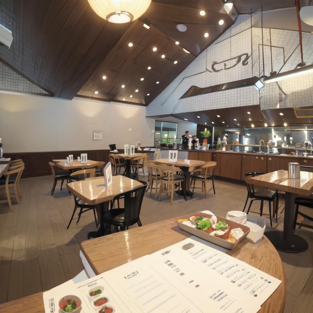 best quality, ultra-detailed, illustration,kobeyarestaurant, scenery, restaurant, indoors, ceiling light, chair, ceiling, table, lamp, light, tiles, menu,  <lora:kobeya_Nishinomiya_SD15_V3:1> 