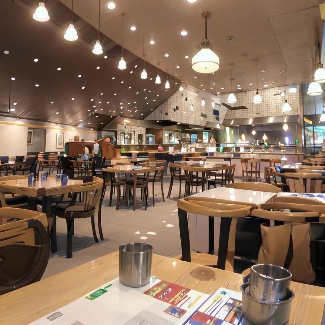 best quality, ultra-detailed, illustration,kobeyarestaurant, open kitchen, scenery, chair, table, ceiling light, indoors, lamp, cup, restaurant, light, realistic,  <lora:kobeyarestaurant:0.8>