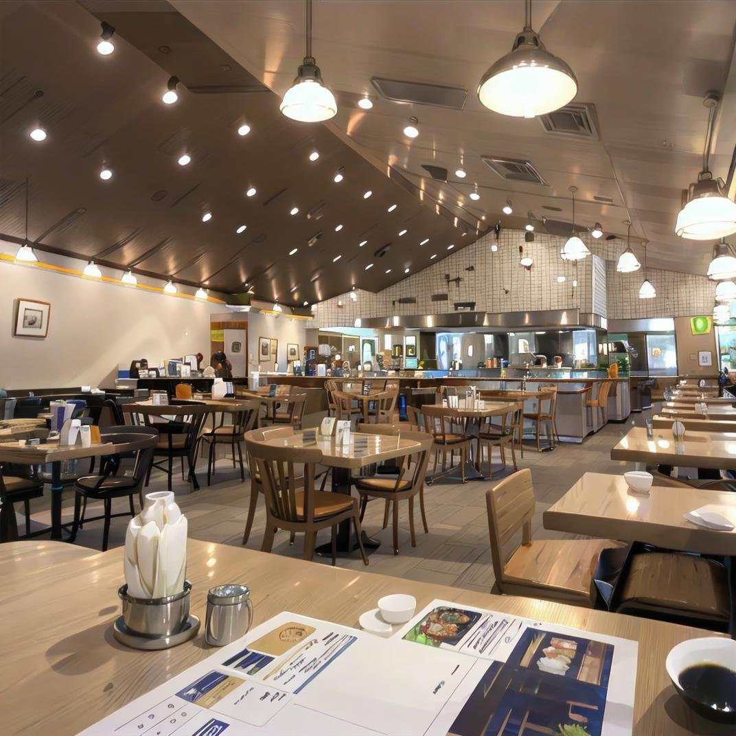 best quality, ultra-detailed, illustration,kobeyarestaurant, scenery, restaurant, indoors, ceiling light, chair, ceiling, table, lamp, light, tiles, menu,  <lora:kobeyarestaurant:0.8>