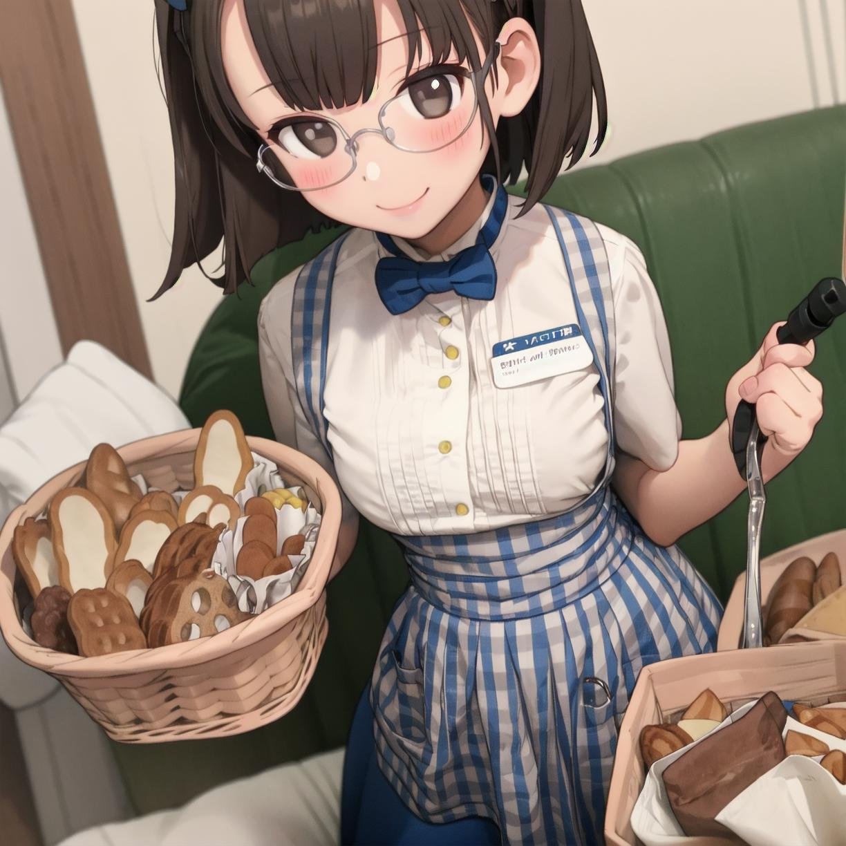 masterpiece, best quality, ultra-detailed, illustration,(1girl,solo:1.4), glasses, blush, shy, smile, looking at viewer, full body, face focus, black hair, medium hair,KRU, blue skirt, blue bowtie, blue bow, blue apron, white shirt, waitress, high-waist skirt, short hair, short sleeves, gingham apron,black eyes, bread, food, tongs, holding, basket, <lora:kobeya_U_SD15_V5:1>