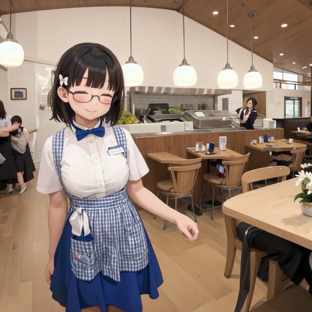 best quality, ultra-detailed, illustration,1girl, glasses, black hair, medium hair, medium breasts, smile, closed eyes, standing, KRU, blue bow, blue bowtie, white shirt, short sleeves, blue skirt, blue apron,  gingham apron, employee uniform, high-waist skirt, waitress, indoors, blinds, kobeyarestaurant, open kitchen, scenery, chair, table, ceiling light, indoors, lamp, restaurant, light,  <lora:kobeya_U_SD15_V5:0.6> <lora:kobeya_Nishinomiya_SD15_V3:0.6>