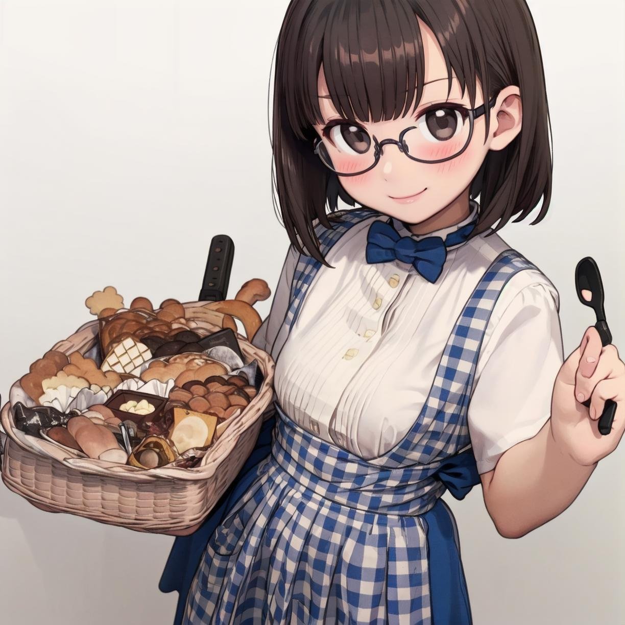 masterpiece, best quality, ultra-detailed, illustration,(1girl,solo:1.4), glasses, blush, shy, smile, looking at viewer, full body, face focus, black hair, medium hair,KRU, blue skirt, blue bowtie, blue bow, blue apron, white shirt, waitress, high-waist skirt, short hair, short sleeves, gingham apron,black eyes, bread, food, tongs, holding, basket, <lora:kobeya_U_SD15_V5:1>